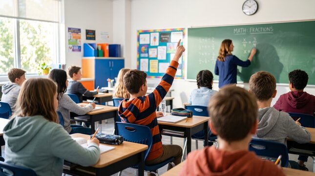 Schoolboy raising hand during math fractions lesson in elementary classroom with teacher writing on board
