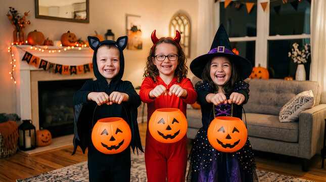 Three children in halloween costumes with pumpkin candy buckets indoors