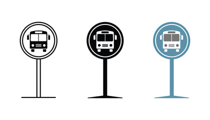 Bus stop sign icons showing line art, solid fill, and color designs for bus stations, public travel, mobility concepts, and clean vector illustration. © ARIF AHMED 04