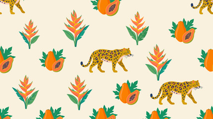 Fototapeta premium Vibrant seamless pattern featuring exotic jaguars, tropical flowers and papayas in lively hues for textile design