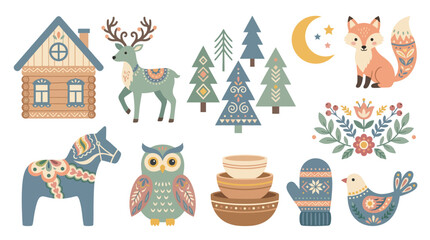 Fototapeta premium Set of cute folk art style illustrations with woodland animals and winter elements.