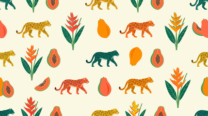 Obraz premium Vibrant seamless pattern featuring exotic wildlife and tropical flora in lively colors ideal for textiles and design projects