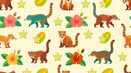 Obraz premium Colorful cartoon-style collection of diverse animals and vibrant tropical flowers with star-shaped elements and green leaves
