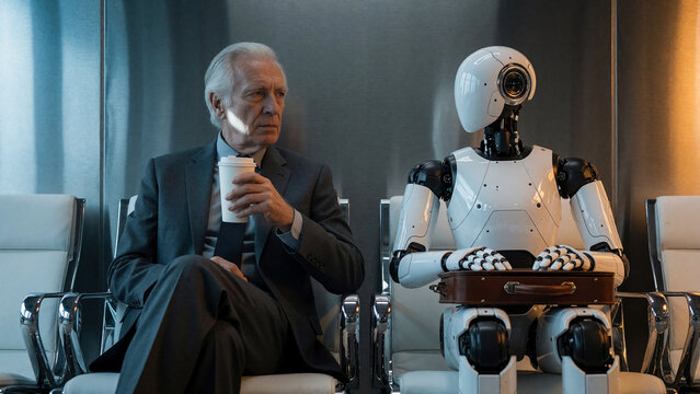 Artificial intelligence robot job interview against a human candidate, career, job search, ai