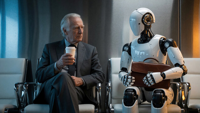 Artificial intelligence robot job interview against a human candidate, career, job search, ai