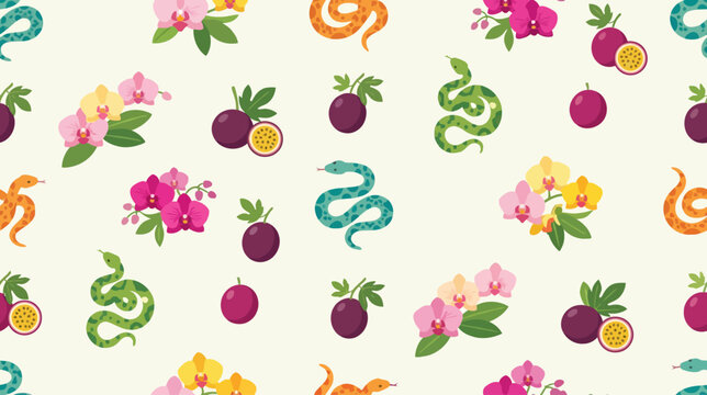 Vibrant tropical pattern featuring colorful snakes and lush flower clusters on a light background