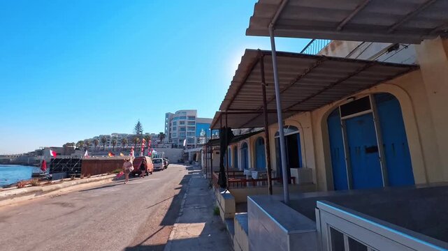 Walking Past Old Seaside Terraces Along Mediterranean Coast, Bugibba, Malta - POV VIDEO - NO AUDIO