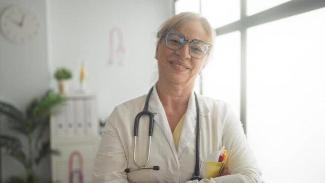 Woman doctor middle age blonde with stethoscope smiling and arms crossed in building; trust care confidence.