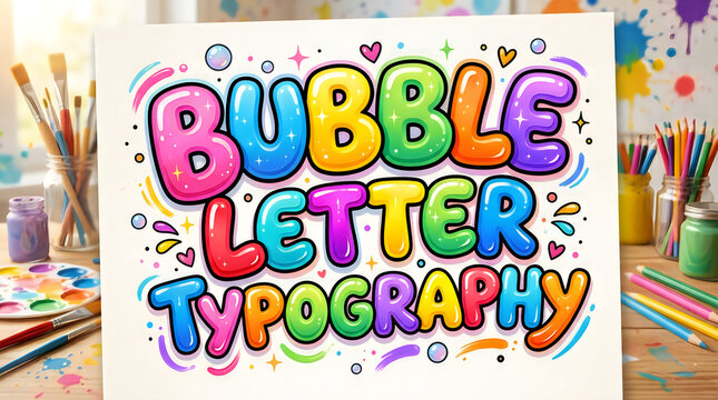 Colorful bubble letter typography design with art supplies and paint splatter