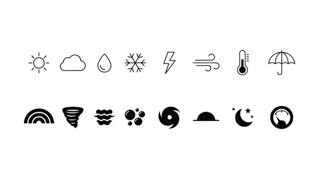 Weather forecast icons set including sun cloud rain snow lightning wind temperature umbrella