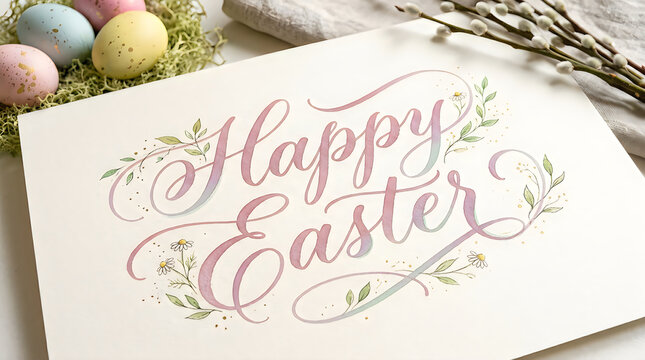 Elegant watercolor happy easter calligraphy with spring decorations
