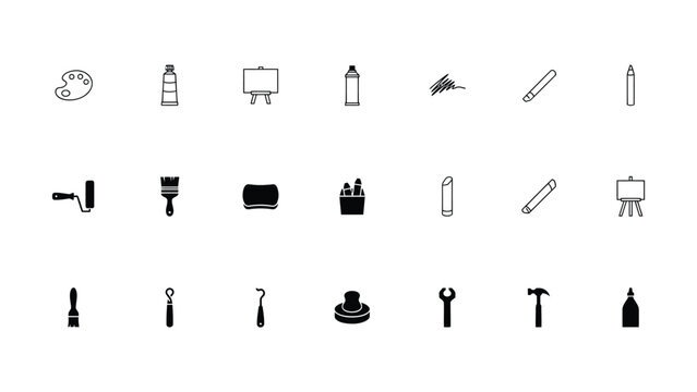 Black and white icons of art supplies and tools on transparent background