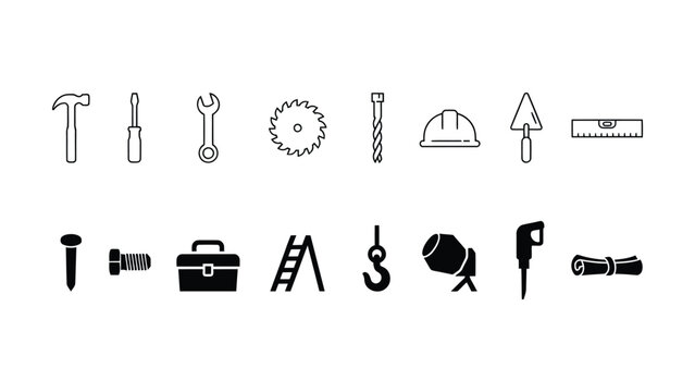 Black and white line drawing of various construction tools and equipment icons on transparent background
