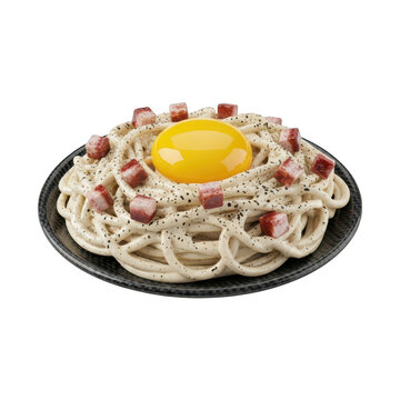 Delicious spaghetti carbonara with egg yolk isolated on transparent background