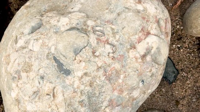 Closeup of textured stones and pebbles on a sandy beach surface with natural earthy tones