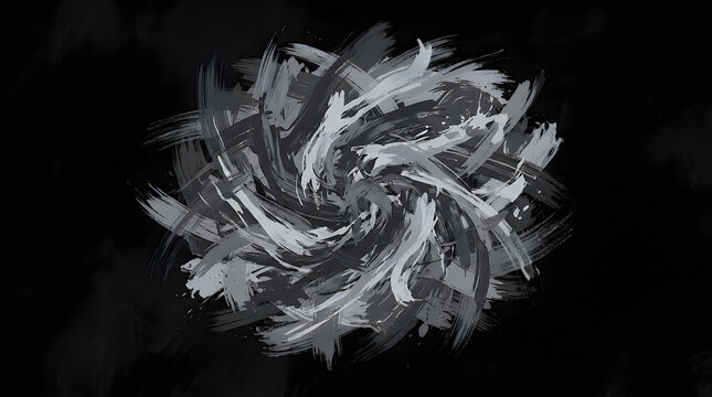 Abstract brushstroke explosion in grayscale with dynamic circular motion