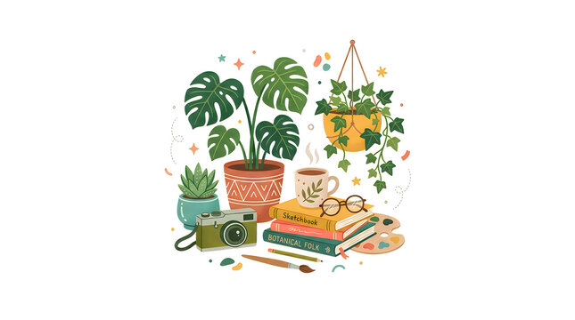 Botanical illustration still life with plants art supplies and coffee
