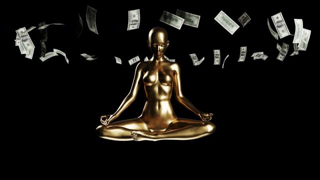 A golden yogi meditates, attracting money that flies around him 
on a transparent background with an alpha channel.