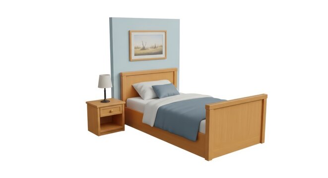Modern wooden bed with nightstand.