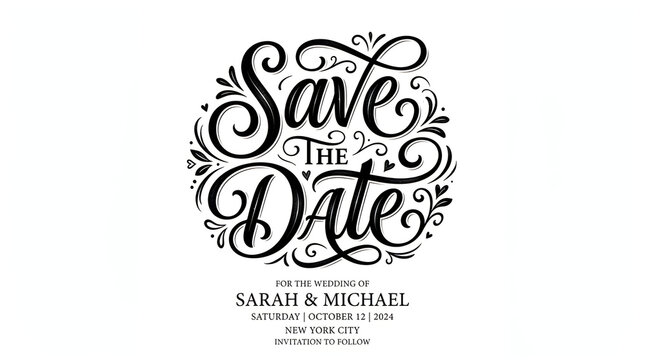 Elegant save the date card with flourish calligraphy for wedding announcement
