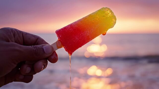 Man holding a melting fruit popsicle against a sunset beach background. Refreshing summer treat held by hand. Cold dessert melting in heat, holiday vacation vibe.