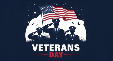 Happy veterans day patriotic american flag with saluting military personnel silhouette