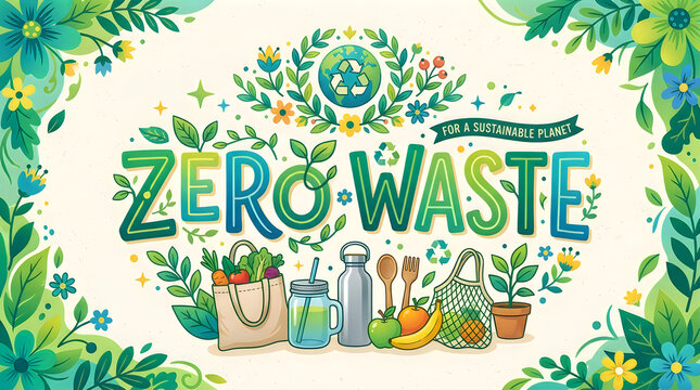 Zero waste lifestyle concept with reusable items and floral illustration