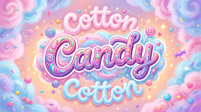 Whimsical cotton candy typography with pastel clouds and sweet treats