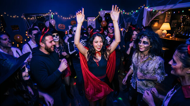 Energetic halloween party scene with costumed revelers dancing and celebrating
