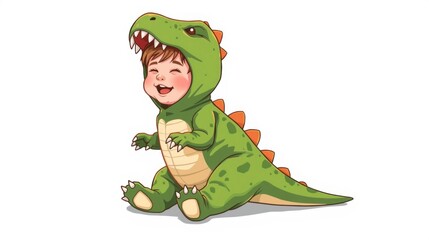 Fototapeta premium Cute smiling toddler boy wearing a green dinosaur costume with sharp teeth and claws cartoon style illustration on white background with background playful expression
