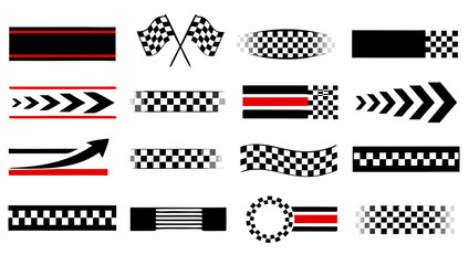 Obraz premium Racing checkered flag graphic elements with speed lines and arrows for motorsport design