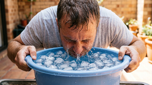 Man cooling face in blue bowl filled with ice water to beat dangerous heatwave. Person sweating and suffering from summer heat trying to find relief with cold water immersion. Concept.