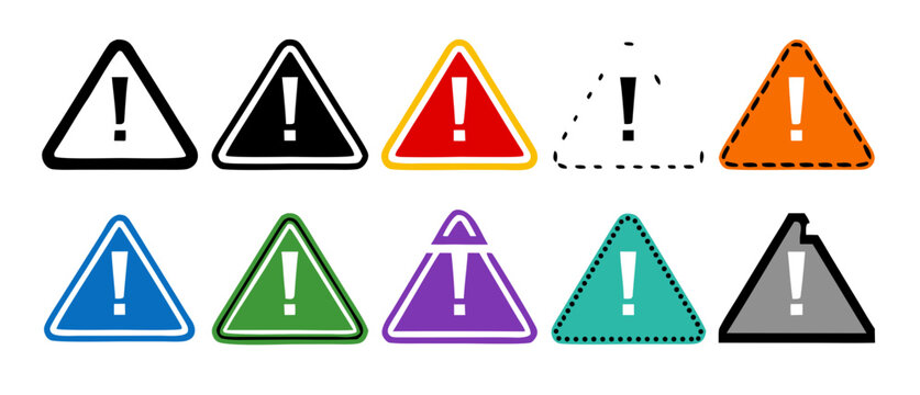 Set of colorful warning signs with exclamation points against a white background