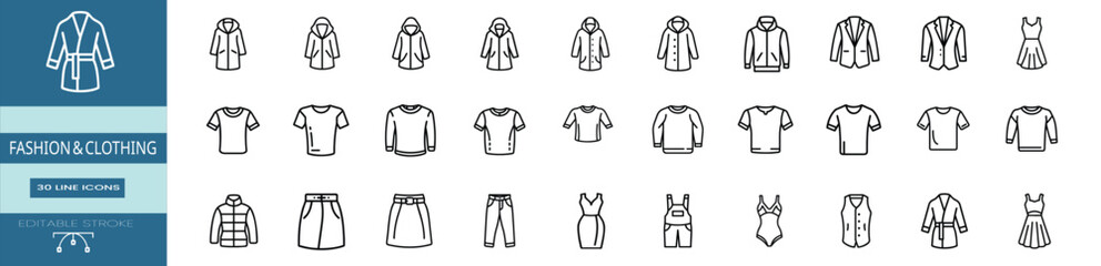 Fashion clothing and apparel line icons set with casual t-shirt, formal suit blazer, winter puffer jacket, summer dress & more vector illustration with editable stroke. © Purnorup Dream IT 