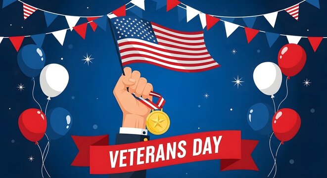 Happy veterans day celebration with american flag and balloons