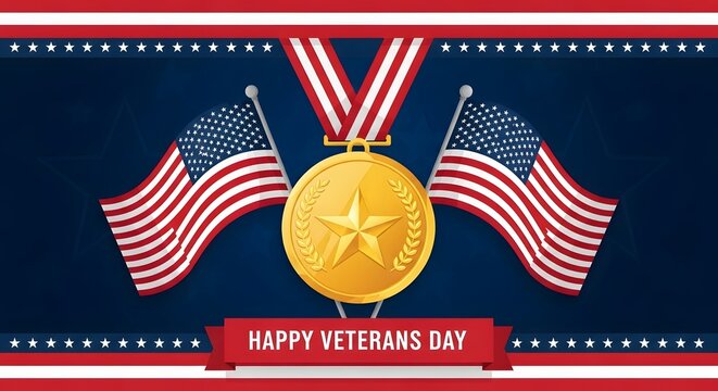 Happy veterans day patriotic american flags gold medal and stars honoring service