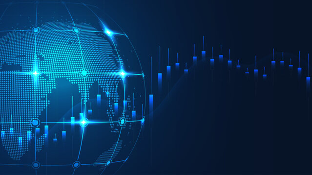 Modern fintech illustration featuring a digital world globe, glowing network connections, and stock market candlestick chart on a dark blue background. Perfect for global finance, forex trading,