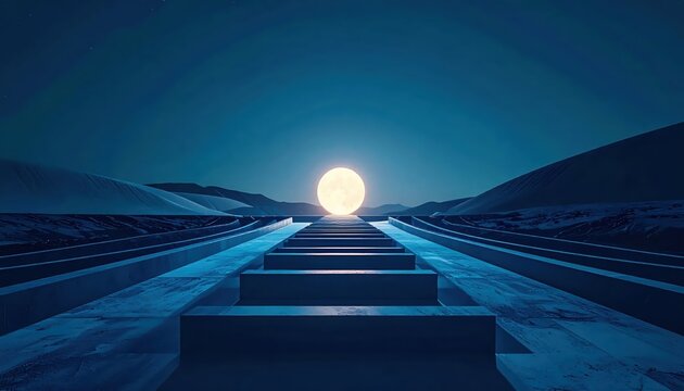 Blue Hour Staircase Leads Toward Distant Light.