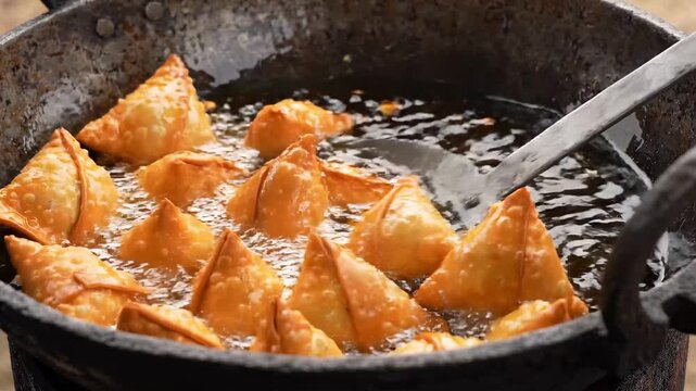 Samosa frying in hot oil in a traditional wok. Indian chef preparing crispy snack for street food stall. Authentic culinary process of deep frying appetizer.