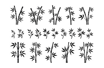 Obraz premium Bamboo Clipart: Collection of black and white bamboo illustrations. graphic design element, botanical icon, natural pattern.