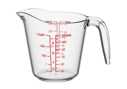 Empty transparent plastic measuring cup with red imperial and metric markings on a transparent background. Concept of culinary precision and utility.