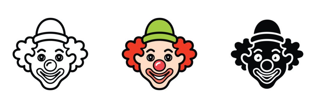 Clown Faces Collection: A trio of stylized clown faces, showcasing various artistic interpretations. cartoon characters, smiling faces, comedic, happy illustration.