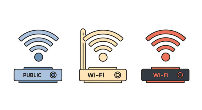 Three wifi router icons with varying signal strengths and security levels