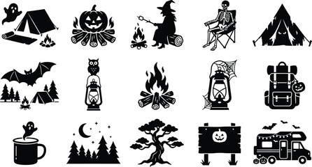 Halloween icons and symbols in black silhouette on white background for design and decoration © LailaArtworks