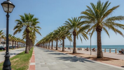 Fototapeta premium Walking Path Lined With Palm Trees Along the Beach on a Clear Sunny Day in a Coastal Town