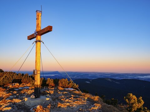 Sunrise at Zwiesel summit cross, Bad Reichenhall, Berchtesgadener Land, Upper Bavaria, Bavaria, Germany