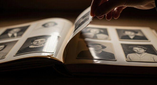 Person flipping through vintage photo album with black-and-white images
