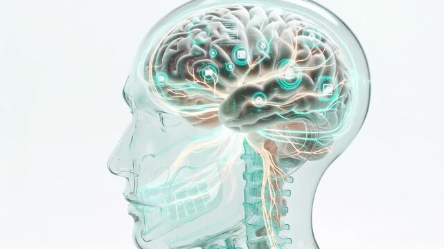 Transparent human head with illuminated brain network, glowing neural pathways and visible nervous