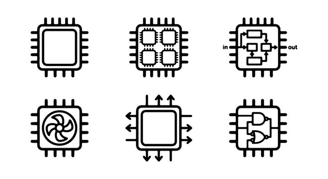 Microchip Icons Set: CPU, Processor, Circuit Board, Logic Gates, Cooling Fan, Technology Concepts