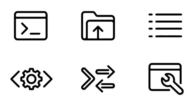 6 Minimalist UI Icons: Terminal, Upload, List, Code, Sync, Settings, Vector Graphics
